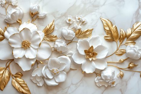 WANDBILD 3D BLUMEN MIT GOLDENEN BLÄTTERN - BILDER - 🔥 TOTALAUSVERKAUF