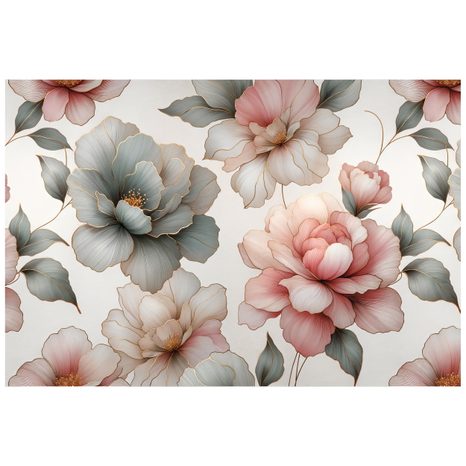 FOTOTAPETE ELEGANTE PASTELLFARBENE BLUMEN MIT BLÄTTERN - TAPETEN MIT BLUMENMOTIVEN - TAPETEN