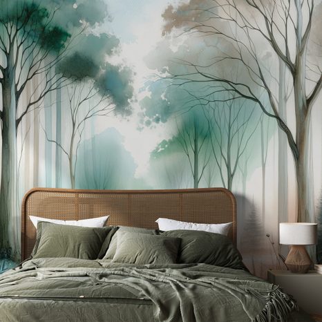 SAMOLEPÍCÍ FOTOTAPETA AKVARELOVÝ LES V MLZE - TAPETY LES - TAPETY