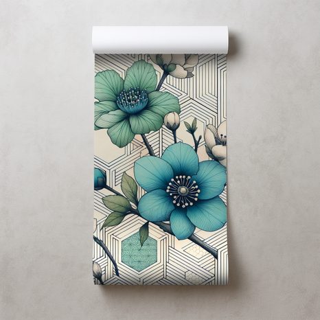 TAPETA MODRÉ KVĚTY S GEOMETRICKÝM POZADÍM - TAPETY KVĚTINY - TAPETY