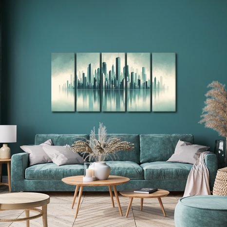 5-DÍLNÝ OBRAZ SILUETA MĚSTA S ODRAZEM VE VODĚ - OBRAZY MĚSTA - OBRAZY