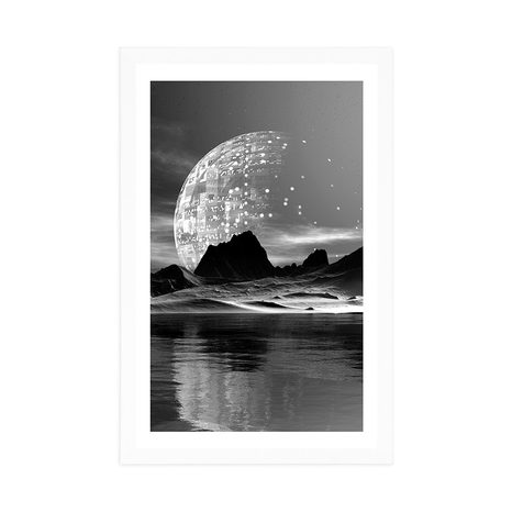 POSTER WITH MOUNT FUTURISTIC LANDSCAPE IN BLACK AND WHITE - BLACK AND WHITE - POSTERS