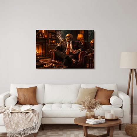 QUADRO SU TELA – SCHELETRO IN POLTRONA CON SIGARO - QUADRI HALLOWEEN E HORROR - STAMPE E QUADRI