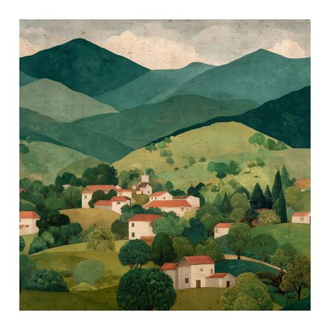 WANDBILD GRÜNE HÜGEL UND HÄUSER - BUNTE HÄUSER - BILDER