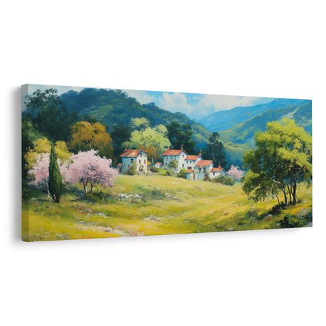 OBRAZ ROZKVETLÉ STROMY A HORY - BAREVNÉ DOMY - OBRAZY