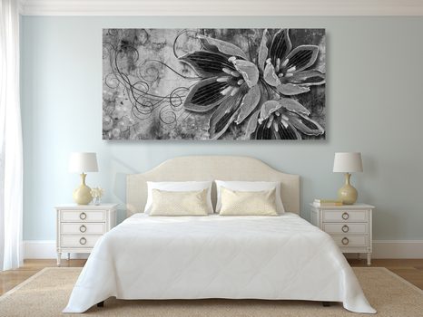 WANDBILD BLUMEN MIT PERLEN IN SCHWARZ-WEISS - SCHWARZ-WEISSE BILDER - BILDER