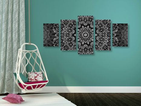 TABLOU 5-PIESE MANDALA CU UN MODEL ABSTRACT ÎN DESIGN ALB-NEGRU - TABLOURI ALB-NEGRU - TABLOURI