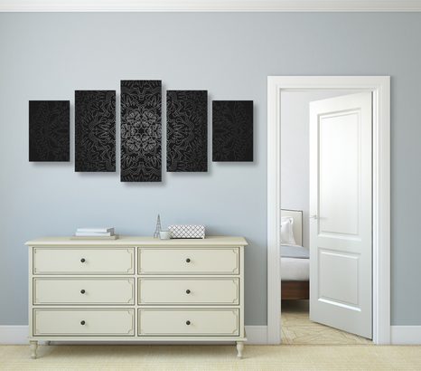 5 RÉSZES KÉP DÍSZES MANDALA FEKETE FEHÉRBEN - FENG SHUI KÉPEK - KÉPEK