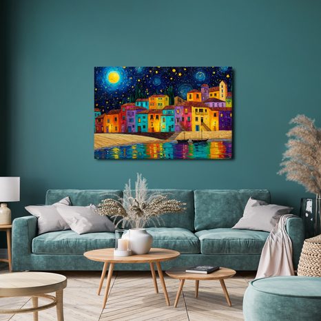OBRAZ BAREVNÁ NOC NAD MĚSTEM - BAREVNÉ DOMY - OBRAZY