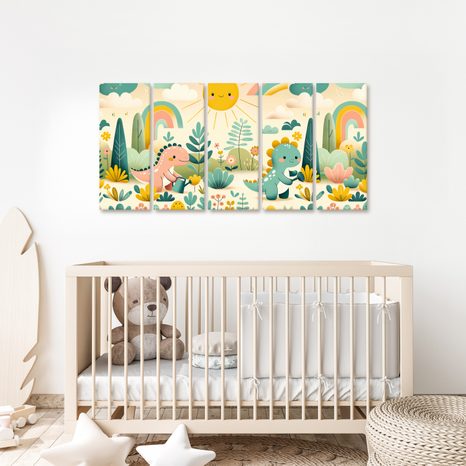 5-DIELNY OBRAZ VESELÉ DINOSAURY V DÚHOVEJ KRAJINE - DETSKÉ OBRAZY ZVIERATKÁ - OBRAZY