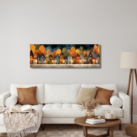 OBRAZ ZIMNÍ POHÁDKA U ŘEKY - BAREVNÉ DOMY - OBRAZY