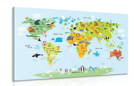 QUADRO MAPPAMONDO PER BAMBINI CON ANIMALI - QUADRI PER BAMBINI - QUADRI