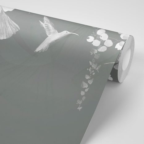 CARTA DA PARATI AUTOADESIVA – FOGLIE GRIGIO-VERDI CON COLIBRÌ - CARTA DA PARATI AUTOADESIVE - CARTA DA PARATI