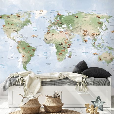FOTOTAPETA SVĚTOVÁ MAPA SE ZVÍŘATY - DĚTSKÉ TAPETY - TAPETY