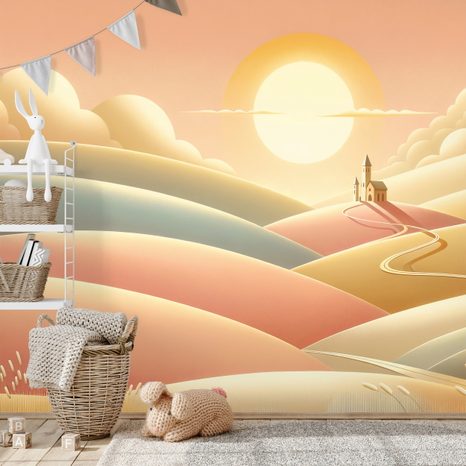 TAPETA PASTELOVÁ KRAJINA S KOSTELEM - TAPETY POLE A LOUKY - TAPETY