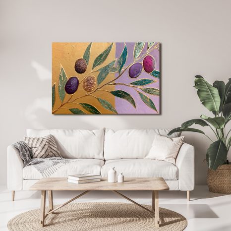 TABLEAU SUR TOILE – OLIVES VIOLETTES SUR UNE BRANCHE - TABLEAUX ARBRES ET FEUILLES - TABLEAUX