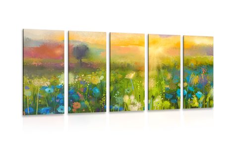 5-PIECE CANVAS PRINT OIL PAINTING OF MEADOW FLOWERS - PICTURES OF NATURE AND LANDSCAPE - PICTURES