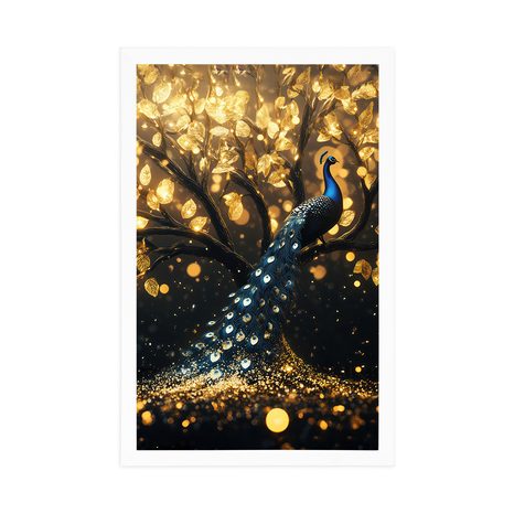 POSTER PFAU AUF GOLDENEM BAUM - VÖGEL - POSTER