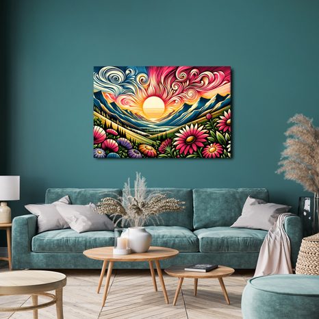 WANDBILD STRAHLENDE LANDSCHAFT MIT BLUMEN UND SONNE - WANDBILDER FELDER UND WIESEN - BILDER