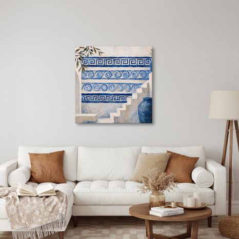 TABLEAU SUR TOILE – ESCALIERS MÉDITERRANÉENS AUX ORNEMENTS BLEUS - TABLEAUX DE LA VILLE - TABLEAUX
