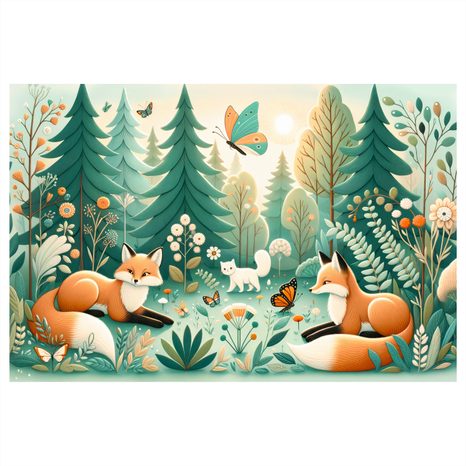 WANDBILD WALDSTILLE MIT FÜCHSEN - KINDERBILDER TIERE - BILDER