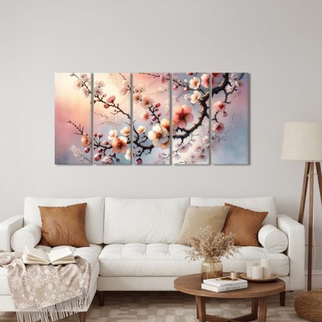 5-TEILIGES WANDBILD BLÜHENDER ZWEIG - BILDER BLUMEN - BILDER