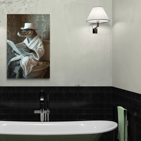 QUADRO SU TELA – COCCODRILLO CON GIORNALE IN BAGNO - QUATTRO IMMAGINI DI COCCODRILLI - STAMPE E QUADRI