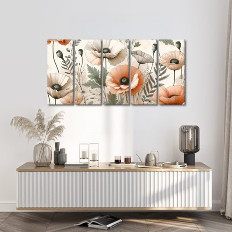 5-TEILIGES WANDBILD ZARTE MOHNBLUMEN - BILDER MOHNBLUME - BILDER