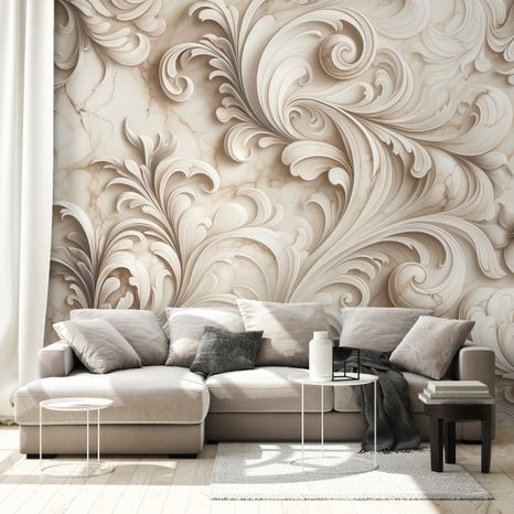 TAPETA ELEGANTNÍ BÉŽOVÉ ORNAMENTY NA MRAMORU - VZOROVANÉ TAPETY - TAPETY
