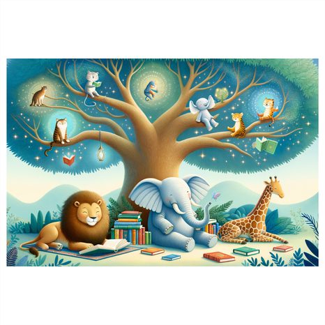 SLIKA ŽIVOTINJE KOJE ČITAJU POD STABLOM - DJEČJE SLIKE ŽIVOTINJICE - SLIKE
