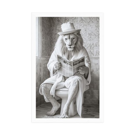 POSTER WEISSER LÖWE MIT EINER ZEITUNG AUF DEM KLO - LÖWE UND TIGER - POSTER