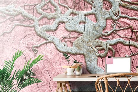 SAMOLEPÍCÍ TAPETA ABSTRAKTNÍ STROM NA DŘEVĚ S RŮŽOVÝM KONTRASTEM - SAMOLEPÍCÍ TAPETY - TAPETY