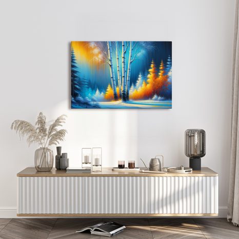 WANDBILD WINTERLANDSCHAFT MIT BUNTEN BÄUMEN - BILDER WALD - BILDER