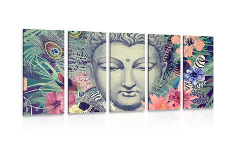 5-PIECE CANVAS PRINT BUDDHA ON AN EXOTIC BACKGROUND - PICTURES FENG SHUI - PICTURES