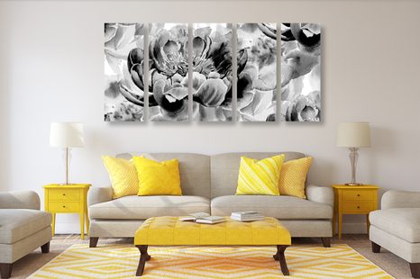 QUADRI 5 PEZZI – PEONIE IN BIANCO E NERO - QUADRI BIANCO E NERO - STAMPE E QUADRI