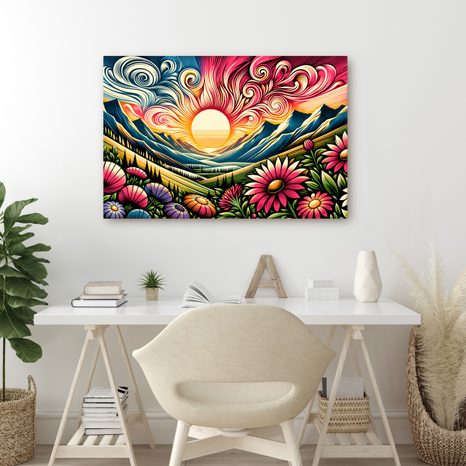 WANDBILD STRAHLENDE LANDSCHAFT MIT BLUMEN UND SONNE - WANDBILDER FELDER UND WIESEN - BILDER