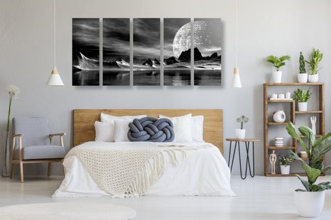 5-TEILIGES WANDBILD FUTURISTISCHER PLANET IN SCHWARZ-WEISS - SCHWARZ-WEISSE BILDER - BILDER