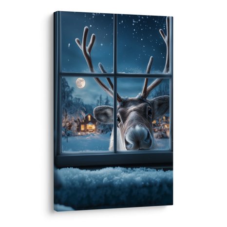 VÁNOČNÍ OBRAZ ROZTOMILÝ SOB ZA ZASNĚŽENÝM OKNEM - VÁNOČNÍ A ZIMNÍ OBRAZY - PICTURES