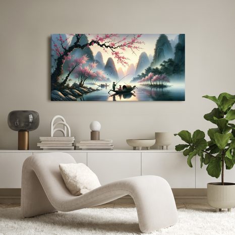 OBRAZ RYBÁŘI V HORÁCH PŘI ÚSVITU - OBRAZY JEZERA - OBRAZY