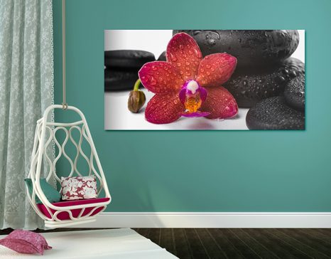 WANDBILD ORCHIDEE UND ZEN-STEINE AUF WEISSEM HINTERGRUND - BILDER MIT FENG SHUI-MOTIVEN - BILDER