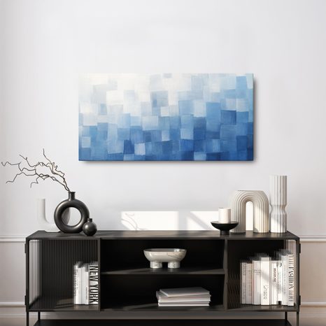 TABLEAU SUR TOILE – CARRÉS BLEUS SUPERPOSÉS DANS LA BRUME - IMAGES FORMES ABSTRAITES - TABLEAUX