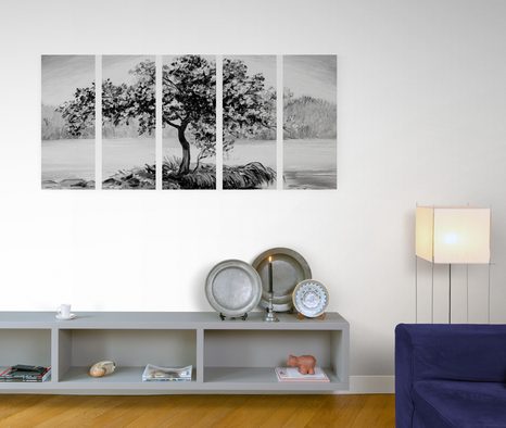 5-DÍLNÝ OBRAZ ORIENTÁLNÍ TŘEŠEŇ V ČERNOBÍLÉM PROVEDENÍ - ČERNOBÍLÉ OBRAZY - OBRAZY