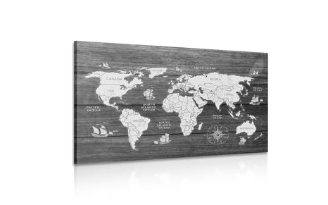 KÉP FEKETE FEHÉR TÉRKÉP FA HÁTTÉREN - TÉRKÉPES KÉPEK - KÉPEK