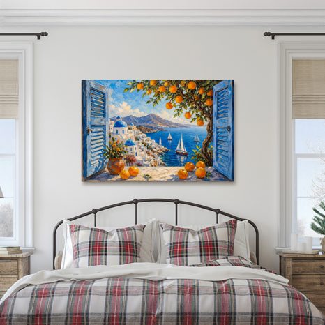 WANDBILD KÜSTE VON SANTORINI MIT ORANGEN - BILDER MEER UND STRAND - BILDER