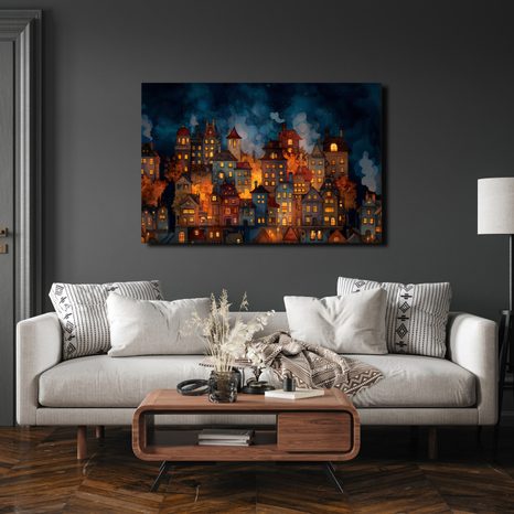 OBRAZ VÁNOČNÍ VESNICE POD HVĚZDAMI - BAREVNÉ DOMY - OBRAZY