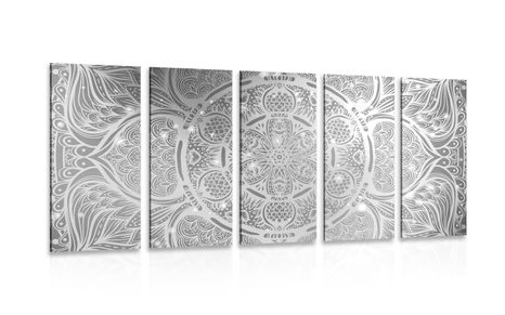 5-PIECE CANVAS PRINT INDIAN MANDALA WITH A GALACTIC BACKGROUND IN BLACK AND WHITE - BLACK AND WHITE PICTURES - PICTURES