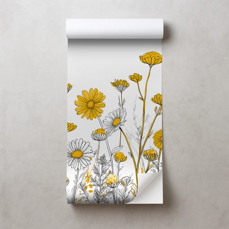 SELBSTKLEBENDE FOTOTAPETE GELBE WIESENBLUMEN AUF WEISS - TAPETEN MIT BLUMENMOTIVEN - TAPETEN