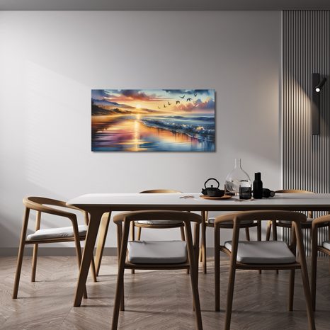 WANDBILD RUHIGER STRAND BEI SONNENUNTERGANG - BILDER VON SONNENAUFGANG UND SONNENUNTERGANG - BILDER