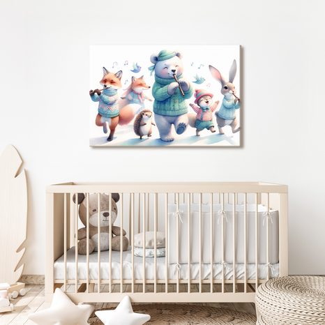 WANDBILD MUSIKALISCHE TIERPARADE IN WINTERLANDSCHAFT - KINDERBILDER TIERE - BILDER