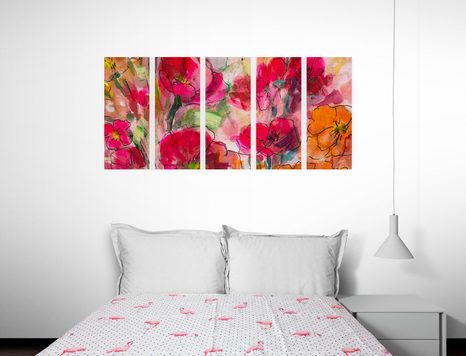 5-DÍLNÝ OBRAZ MALOVANÉ KVĚTINOVÉ ZÁTIŠÍ - OBRAZY KVĚTŮ - OBRAZY